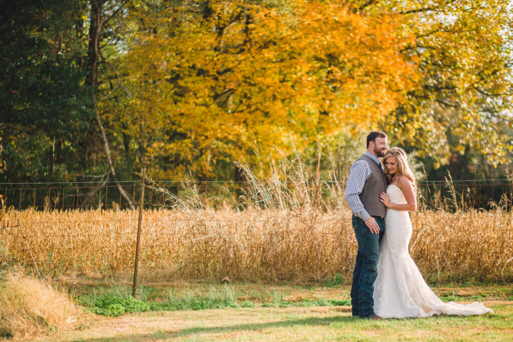 bride and groom on farm in Knoxville Tennessee 